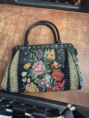 Black Floral Embroidered Satchel Handbag